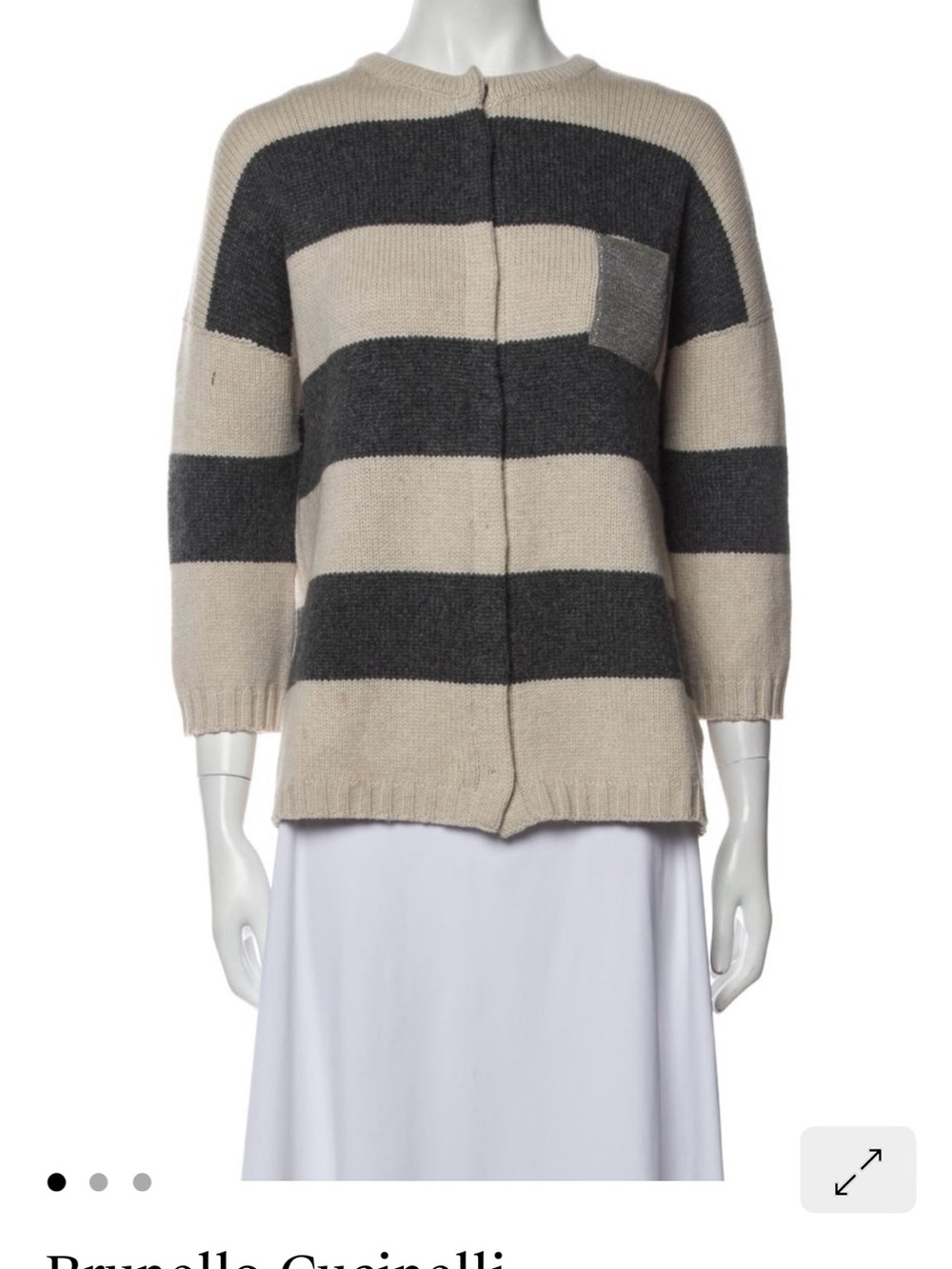 $2298 Brunello Cucinelli Beige and Charcoal Monilli 100% Cashmere Cardigan IT L